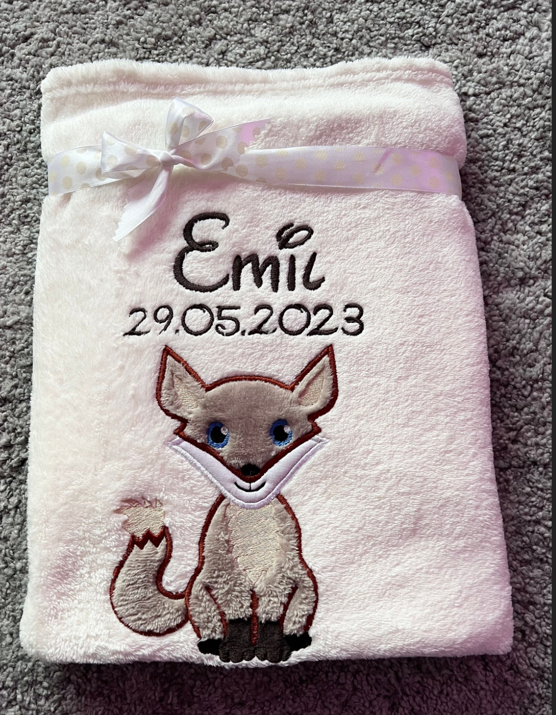 Babydecke kleiner Fuchs personalisierbar mit Namen, Datum, Gewicht, Uhrzeit und Größe
