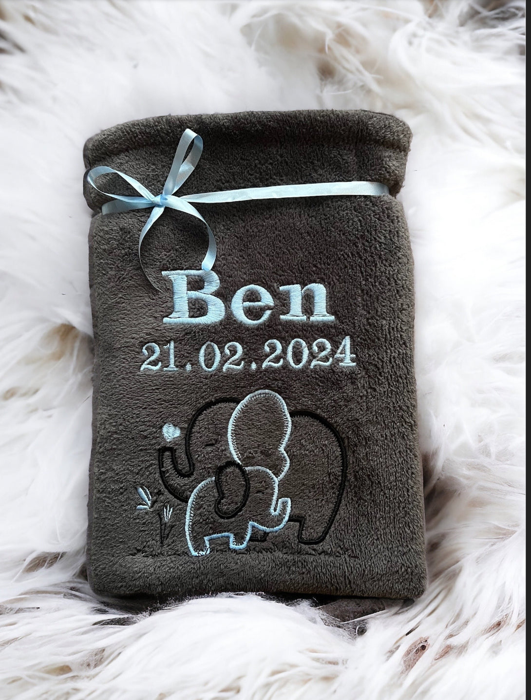 Babydecke Elefantenmama mit Kind personalisierbar mit Namen, Datum, Gewicht, Uhrzeit und Größe