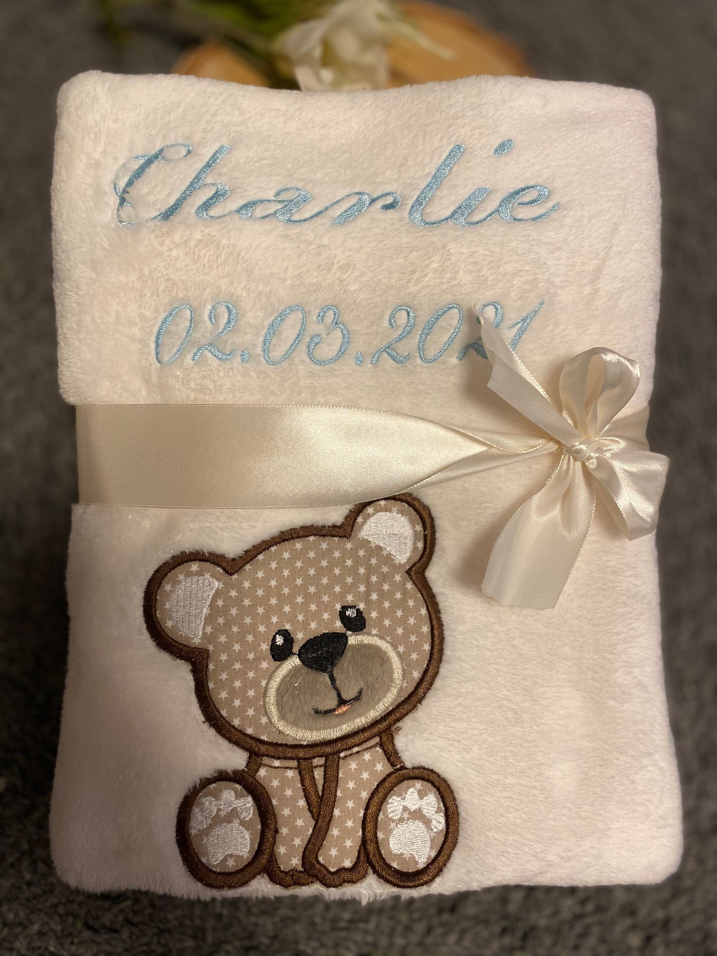Babydecke Bärenliebe personalisierbar mit Namen, Datum, Gewicht, Uhrzeit und Größe