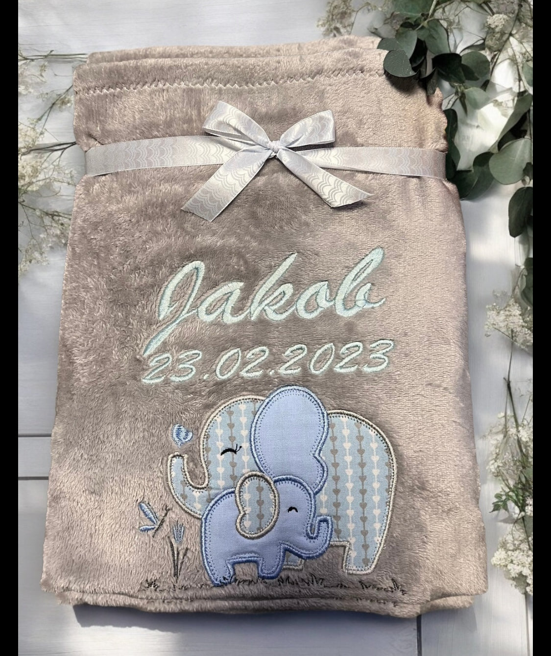 Babydecke Elefantenmama mit Kind personalisierbar mit Namen, Datum, Gewicht, Uhrzeit und Größe