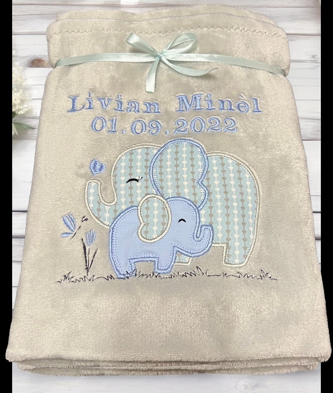 Babydecke Elefantenmama mit Kind personalisierbar mit Namen, Datum, Gewicht, Uhrzeit und Größe