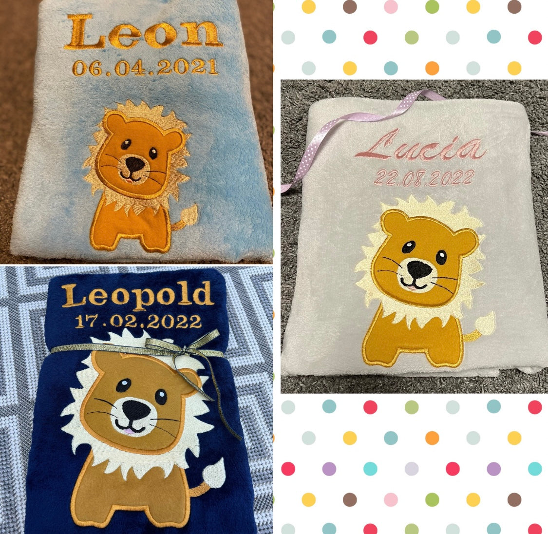 Babydecke Löwe Leo personalisierbar mit Namen, Datum, Gewicht, Uhrzeit und Größe