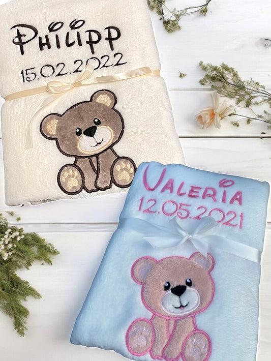 Babydecke Bärenliebe personalisierbar mit Namen, Datum, Gewicht, Uhrzeit und Größe