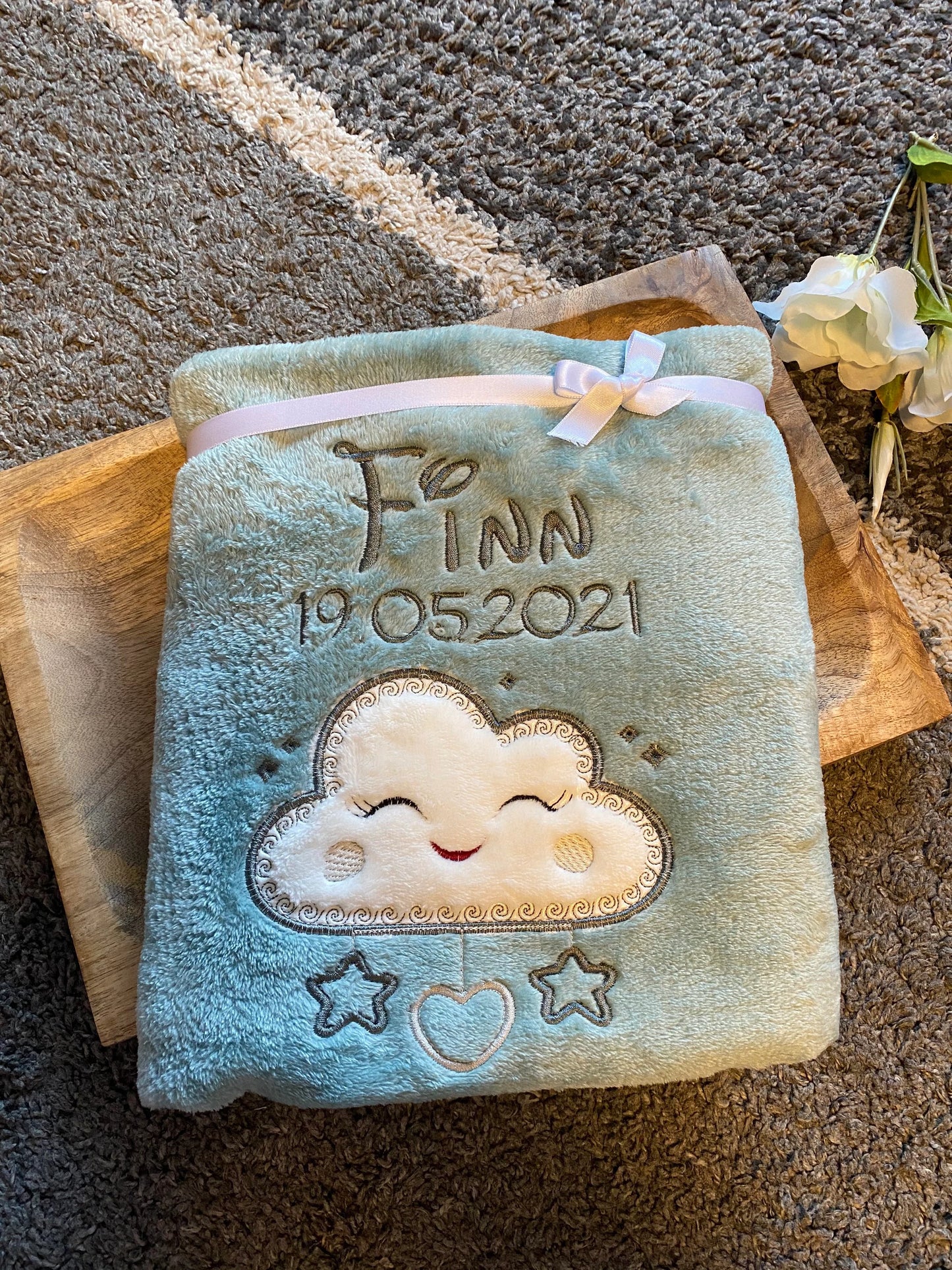 Babydecke kleines Wölkchen personalisierbar mit Namen, Datum, Gewicht, Uhrzeit und Größe